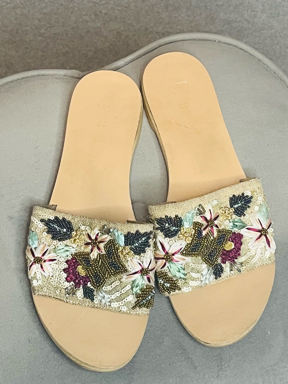 Vintage Y2K Beaded Slip On Flat Slide Artisanal Sandals Sz 8 Raffia